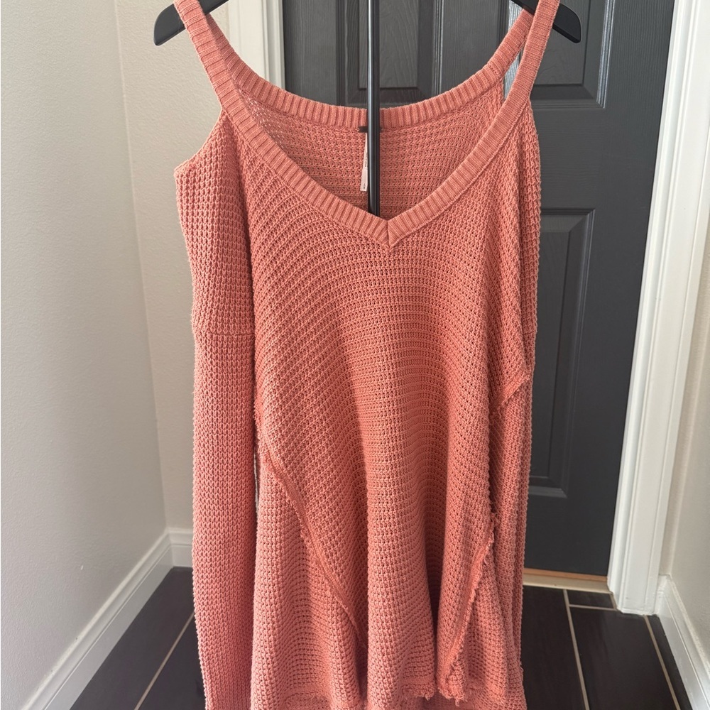 Free People Terracotta Cold-Shoulder V-Neck Swing Sweater - Picture 2 of 4